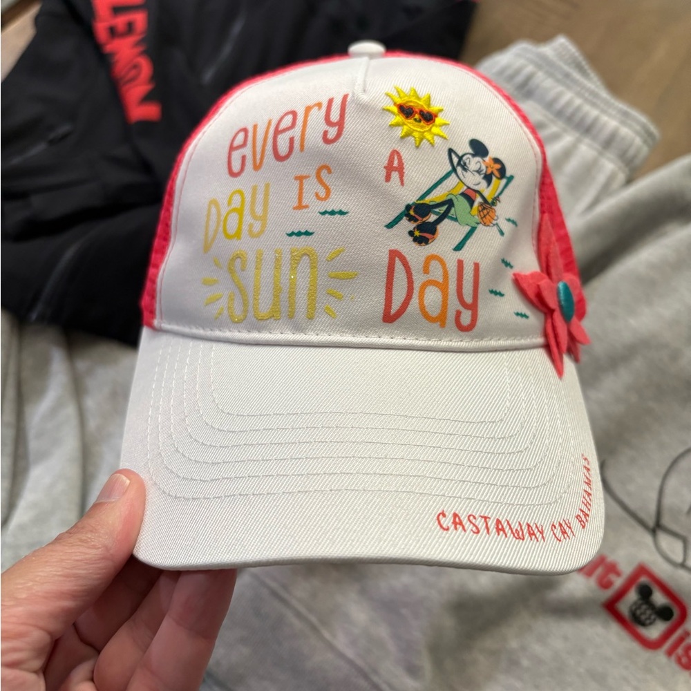 Disney Castaway Cay pink and white Minnie trucker hat.